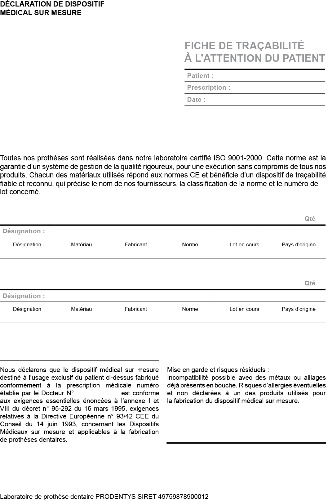 Fiche traçabilité Prodentys